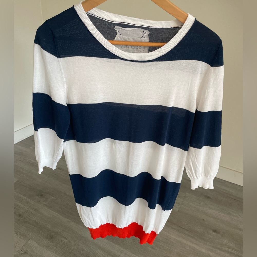 MJ Watson Thin Navy & White Striped Knit Top with Red Hem 2/3 sleeves